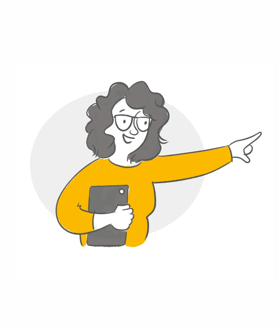 Illustration: eine Person mit Tablet zeigt einladend zur Seite.
